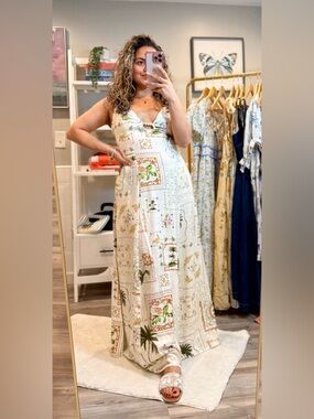 Paper Heart Printed Maxi Dress • Tropical Cottagecore • Cutout Detail • S NWT